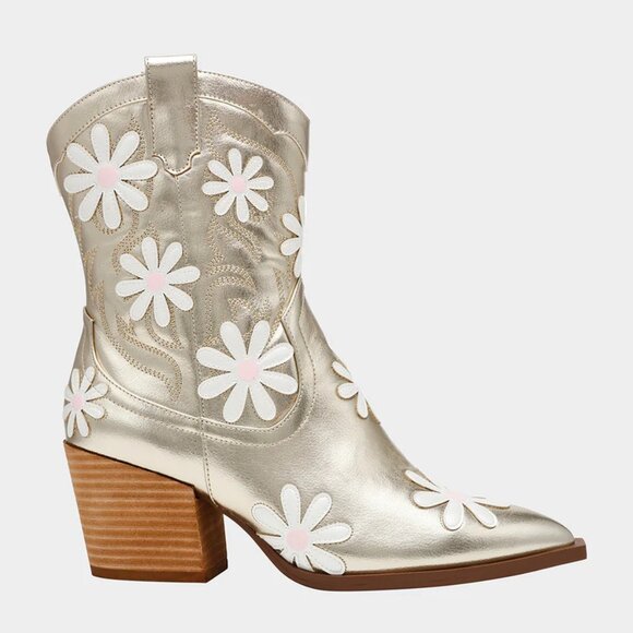 NWB$129 BETSEY JOHNSON Gold Faux Leather Teddyy Floral Daisy Western Booties 8.5 - Picture 1 of 10